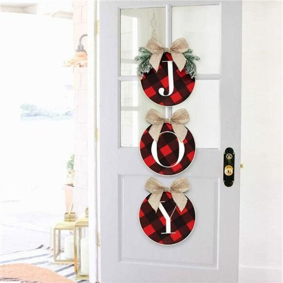 Joy Sign - Buffalo Check Plaid Wreath for Front Door - Wooden Holiday Decoration - Picture 1 of 6